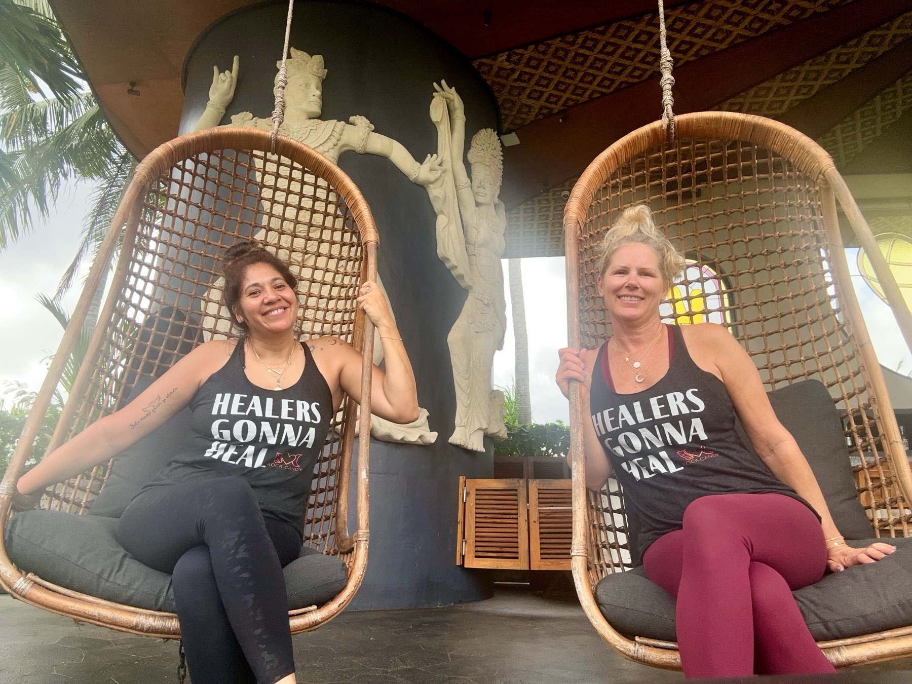 Tracy and Leila in hanging swings in Bali