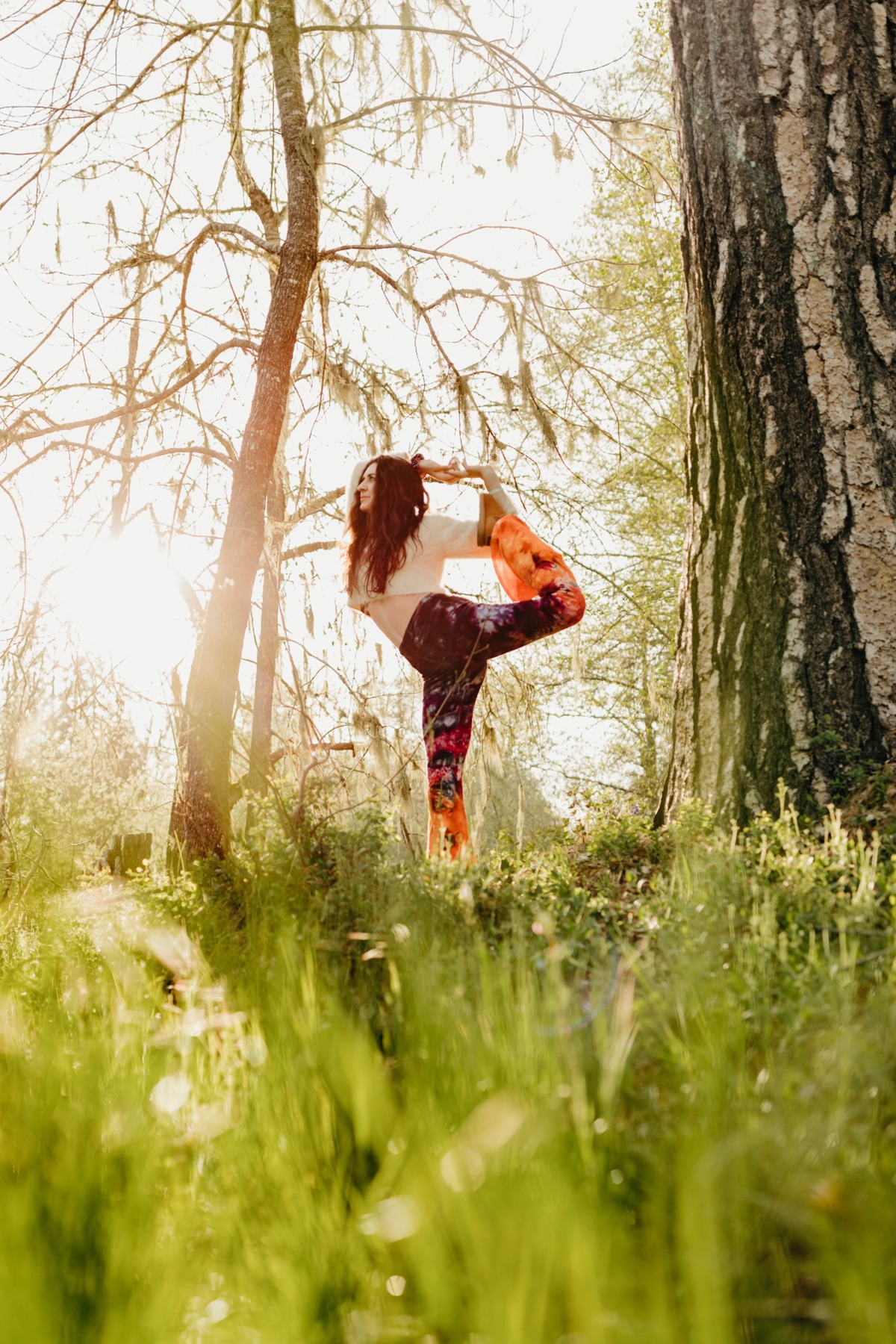 Person practicing dancer's pose yoga in a sunlit forest